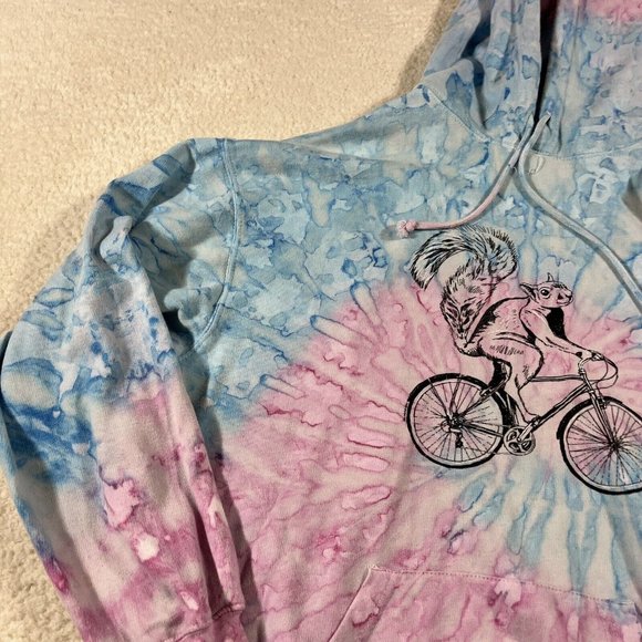 Exist Hoodie Mens Large Tye Dye Blue Pink Squirrel On Bike Graphic - Picture 3 of 9